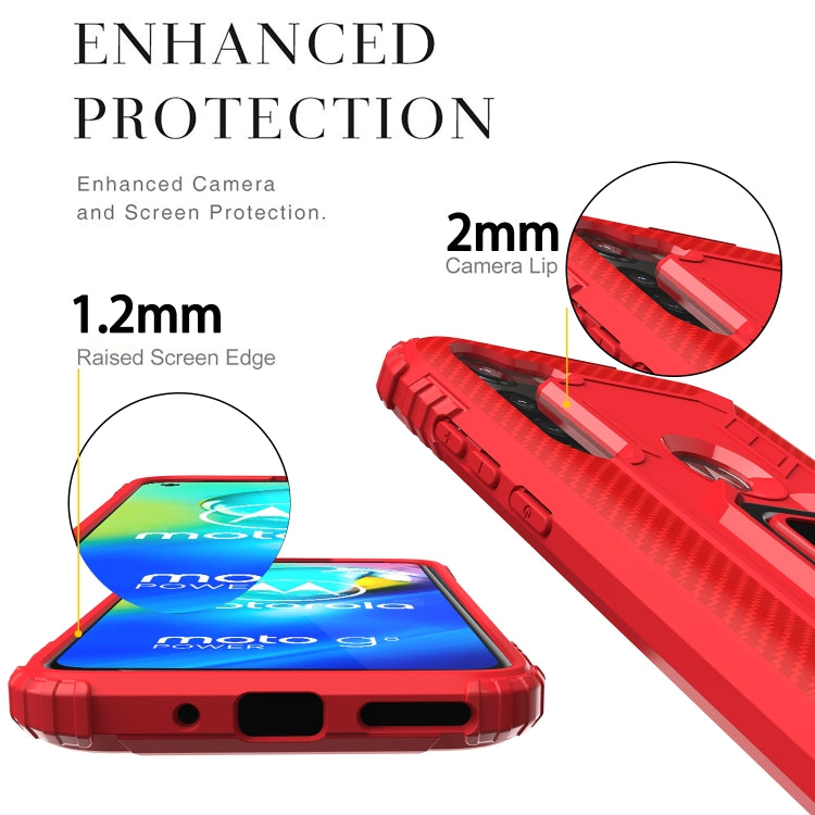 For Motorola Moto G8 Power Carbon Fiber Protective Case with 360 Degree Rotating Ring Holder