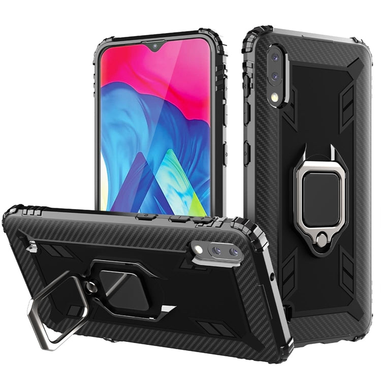 For Samsung Galaxy A10 / M10 Carbon Fiber Protective Case with 360 Degree Rotating Ring Holder