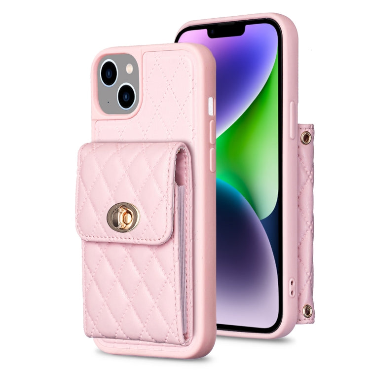 For iPhone 14 Plus Vertical Metal Buckle Wallet Rhombic Leather Phone Case