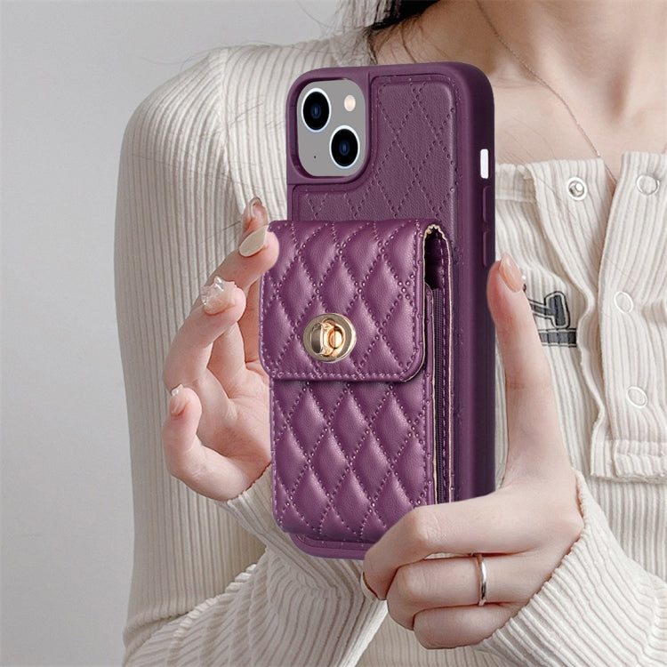 For iPhone 14 Plus Vertical Metal Buckle Wallet Rhombic Leather Phone Case
