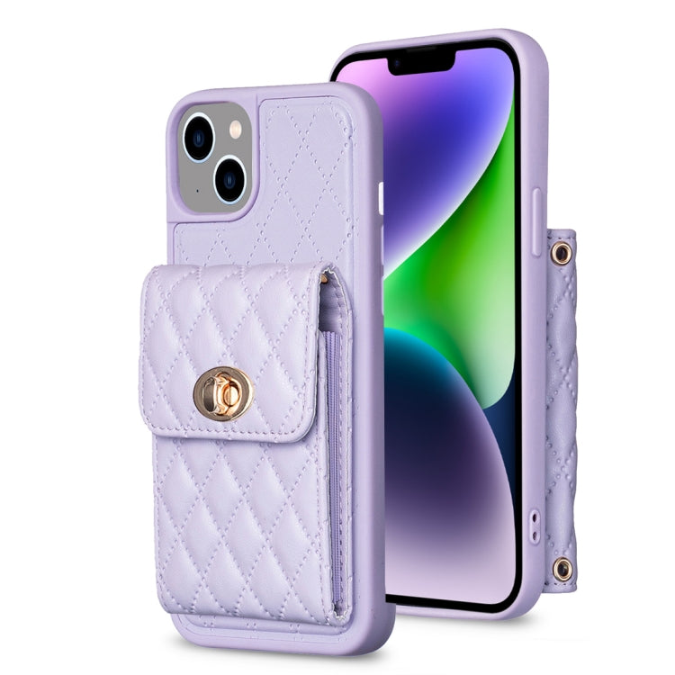 For iPhone 14 Plus Vertical Metal Buckle Wallet Rhombic Leather Phone Case