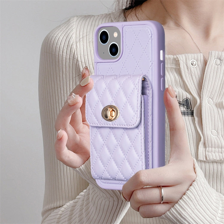 For iPhone 14 Plus Vertical Metal Buckle Wallet Rhombic Leather Phone Case