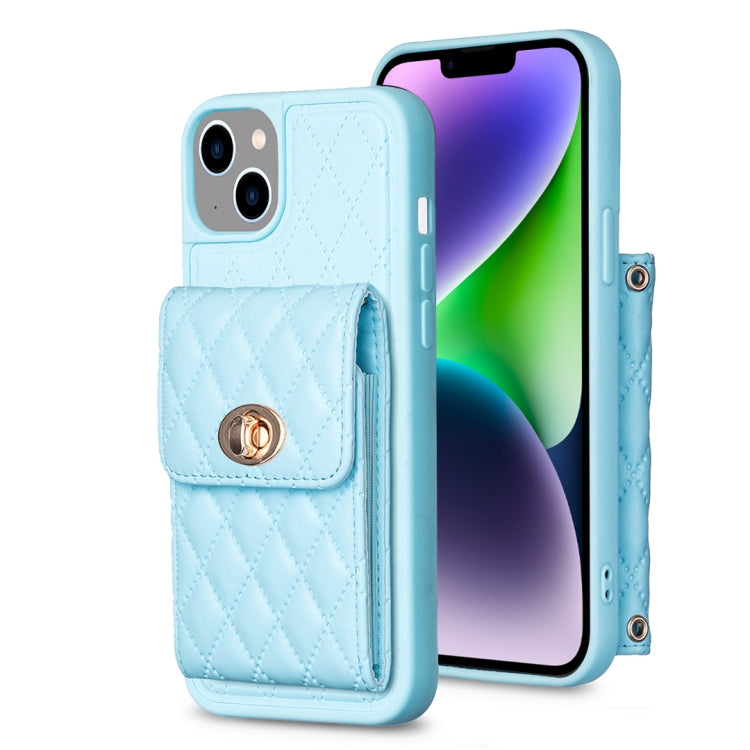For iPhone 14 Plus Vertical Metal Buckle Wallet Rhombic Leather Phone Case