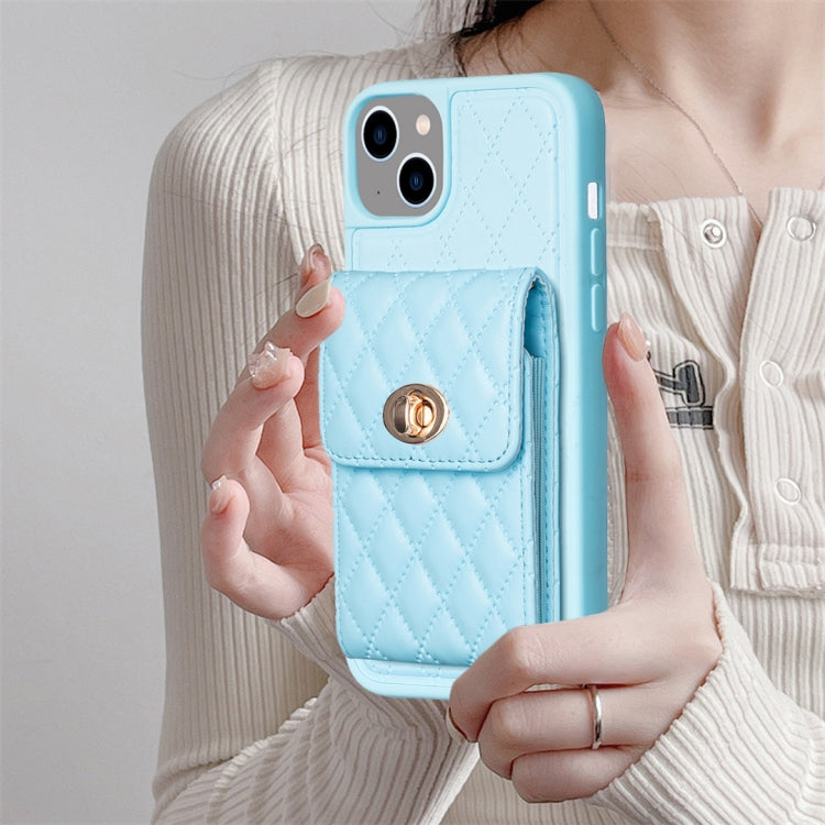 For iPhone 14 Plus Vertical Metal Buckle Wallet Rhombic Leather Phone Case