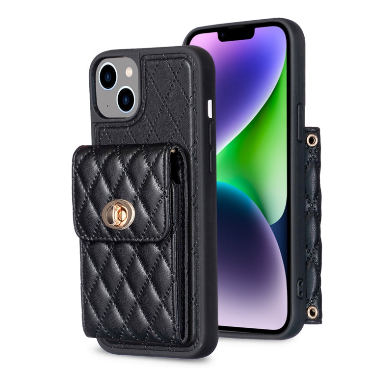 For iPhone 14 Plus Vertical Metal Buckle Wallet Rhombic Leather Phone Case