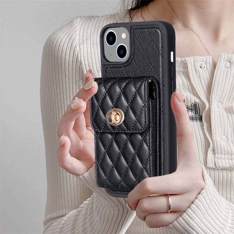 For iPhone 14 Plus Vertical Metal Buckle Wallet Rhombic Leather Phone Case