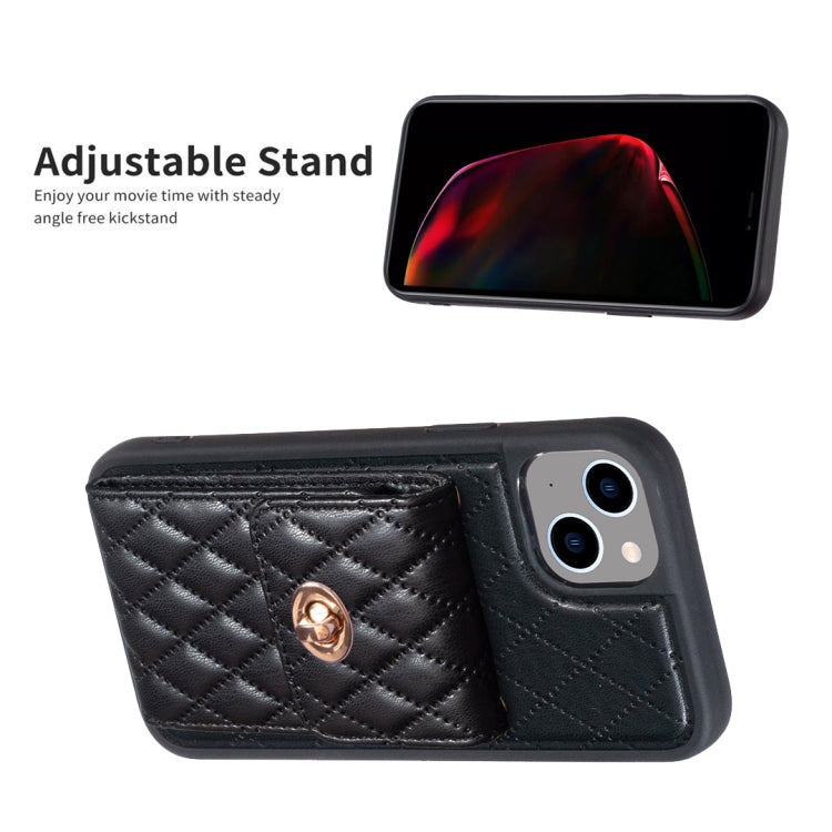 For iPhone 14 Plus Vertical Metal Buckle Wallet Rhombic Leather Phone Case