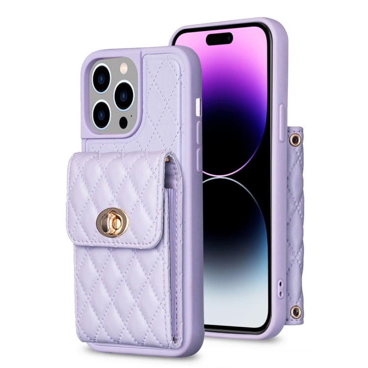 For iPhone 14 Pro Vertical Metal Buckle Wallet Rhombic Leather Phone Case