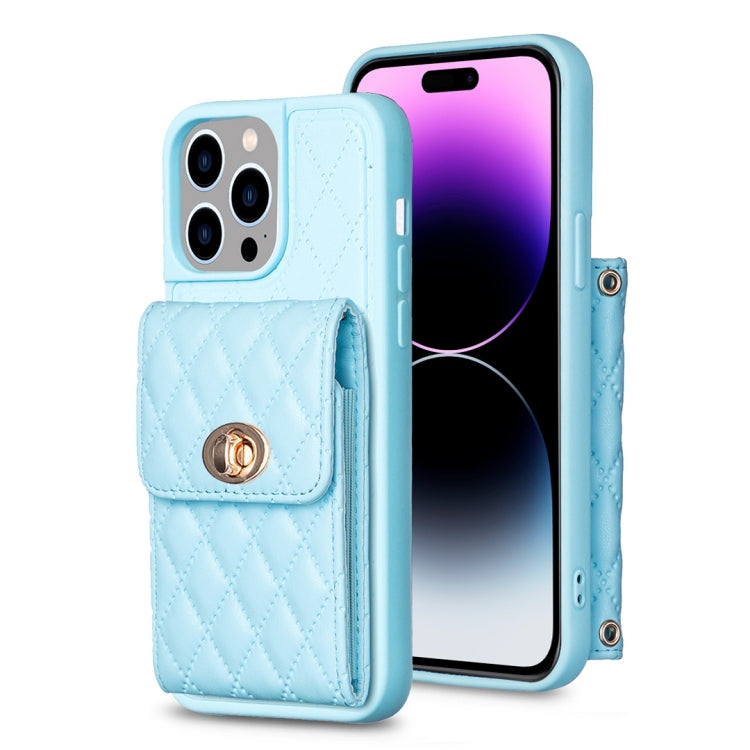 For iPhone 14 Pro Vertical Metal Buckle Wallet Rhombic Leather Phone Case