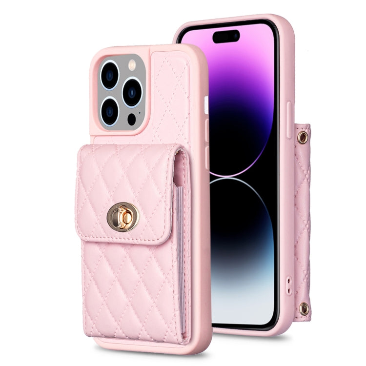 For iPhone 14 Pro Max Vertical Metal Buckle Wallet Rhombic Leather Phone Case