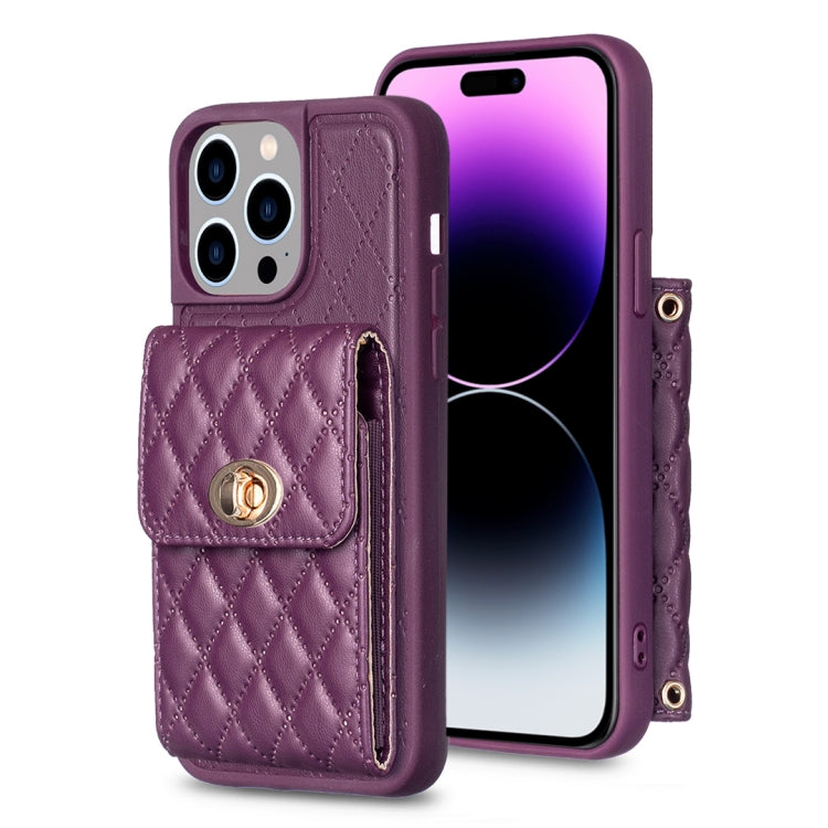 For iPhone 14 Pro Max Vertical Metal Buckle Wallet Rhombic Leather Phone Case