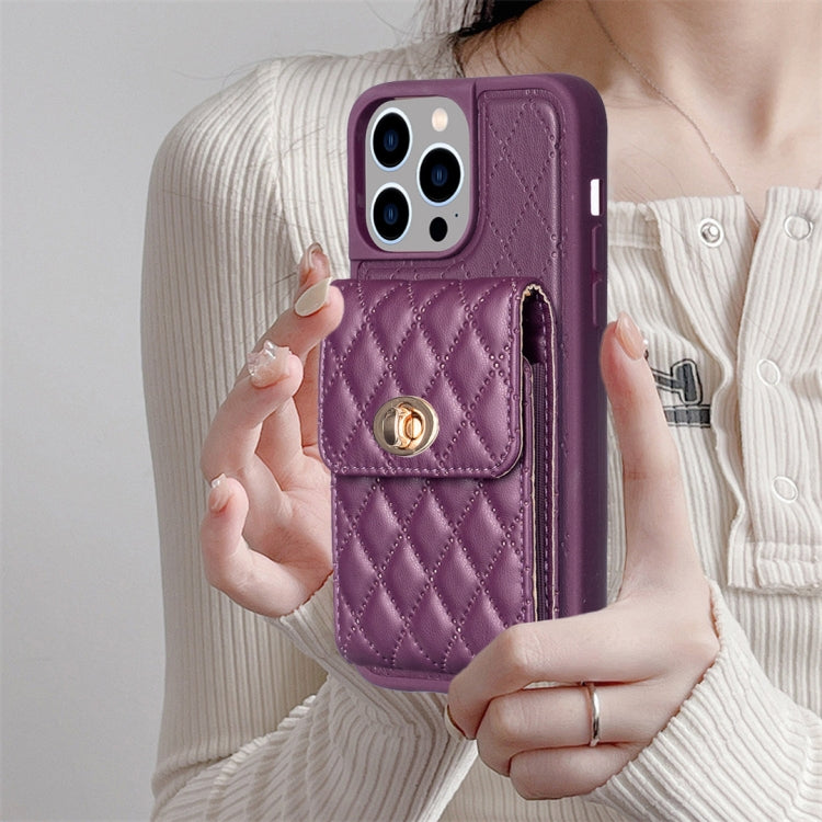 For iPhone 14 Pro Max Vertical Metal Buckle Wallet Rhombic Leather Phone Case