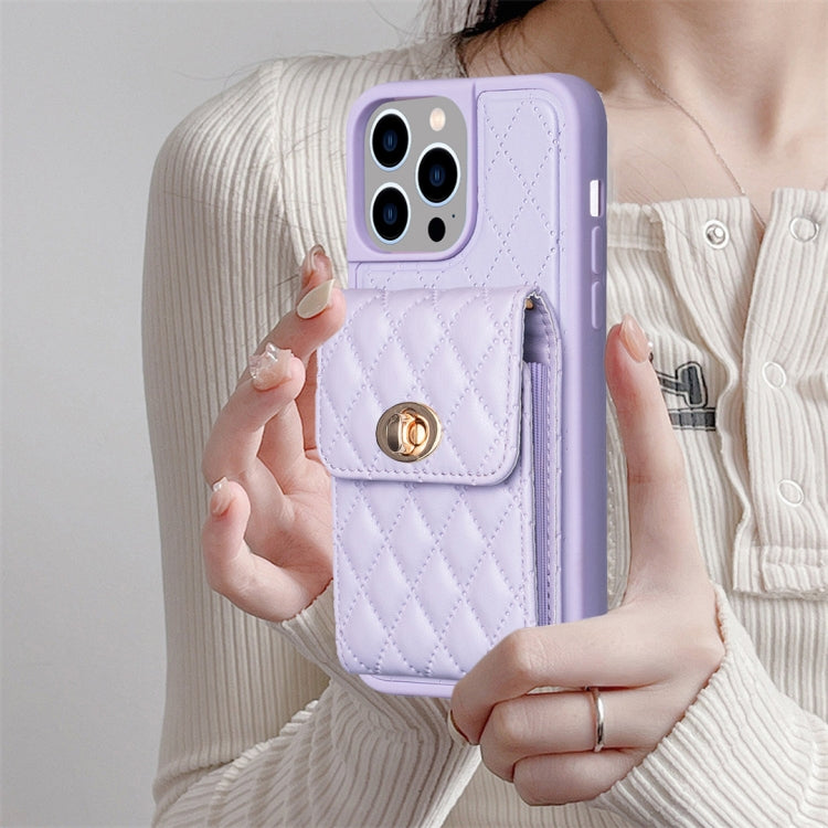 For iPhone 14 Pro Max Vertical Metal Buckle Wallet Rhombic Leather Phone Case