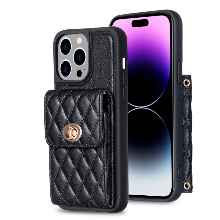 For iPhone 14 Pro Max Vertical Metal Buckle Wallet Rhombic Leather Phone Case