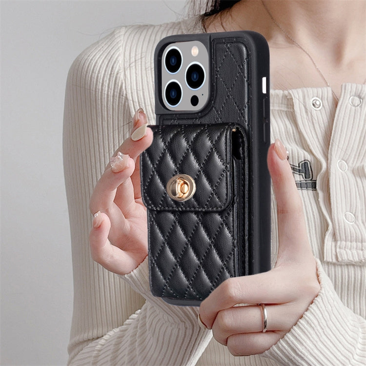 For iPhone 14 Pro Max Vertical Metal Buckle Wallet Rhombic Leather Phone Case
