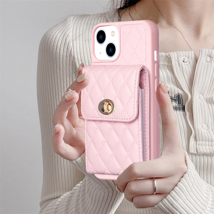 For iPhone 13 Vertical Metal Buckle Wallet Rhombic Leather Phone Case