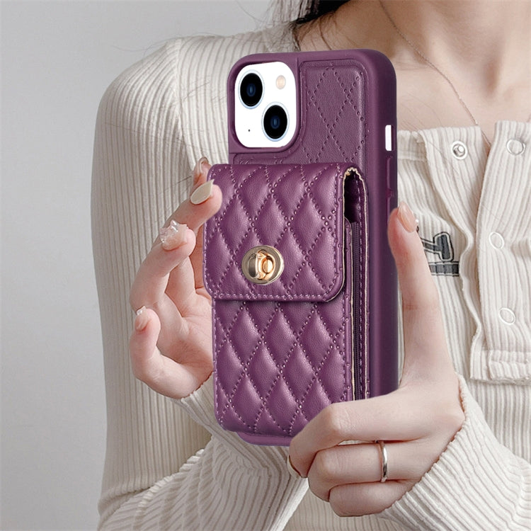 For iPhone 13 Vertical Metal Buckle Wallet Rhombic Leather Phone Case