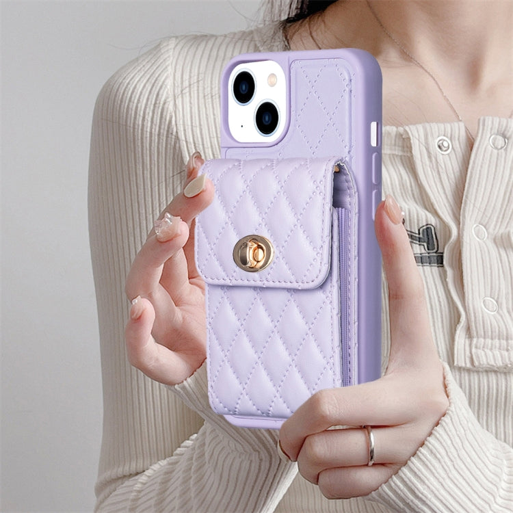 For iPhone 13 Vertical Metal Buckle Wallet Rhombic Leather Phone Case