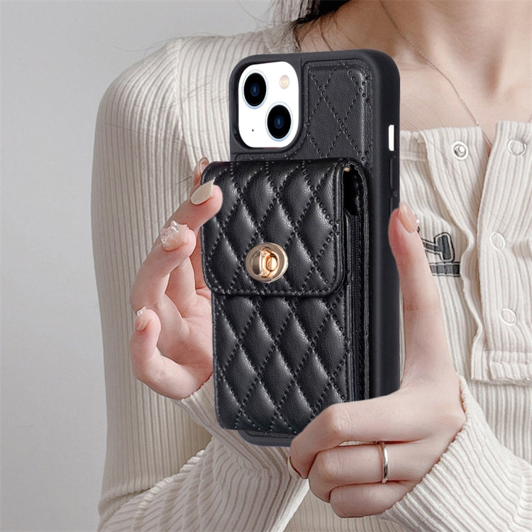 For iPhone 13 Vertical Metal Buckle Wallet Rhombic Leather Phone Case