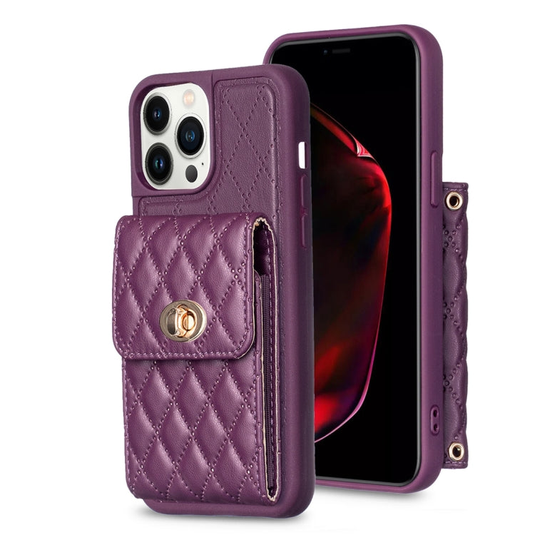 For iPhone 13 Pro Max Vertical Metal Buckle Wallet Rhombic Leather Phone Case