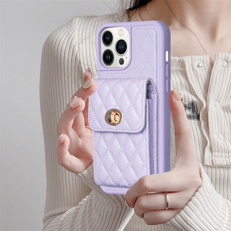 For iPhone 13 Pro Max Vertical Metal Buckle Wallet Rhombic Leather Phone Case