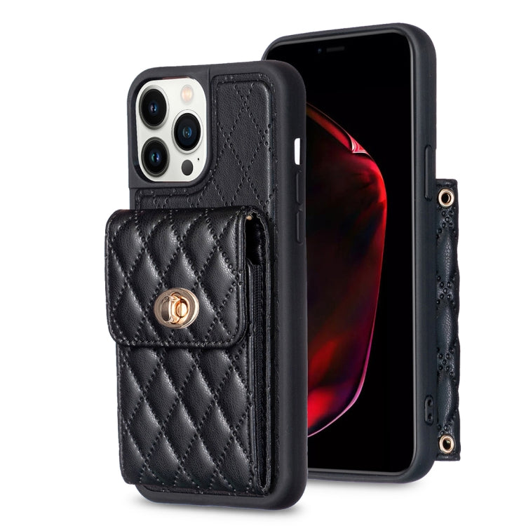 For iPhone 13 Pro Max Vertical Metal Buckle Wallet Rhombic Leather Phone Case