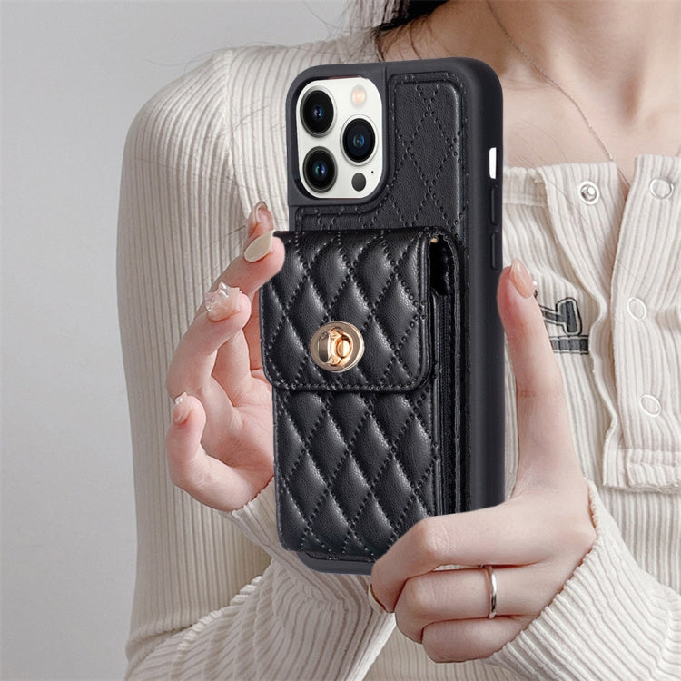 For iPhone 13 Pro Max Vertical Metal Buckle Wallet Rhombic Leather Phone Case