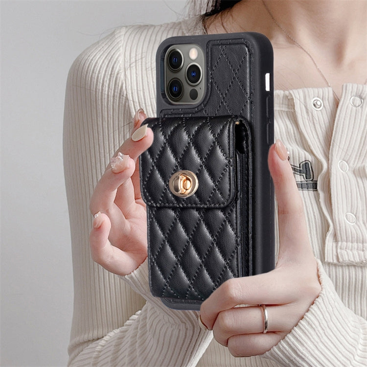 For iPhone 12 Pro Max Vertical Metal Buckle Wallet Rhombic Leather Phone Case