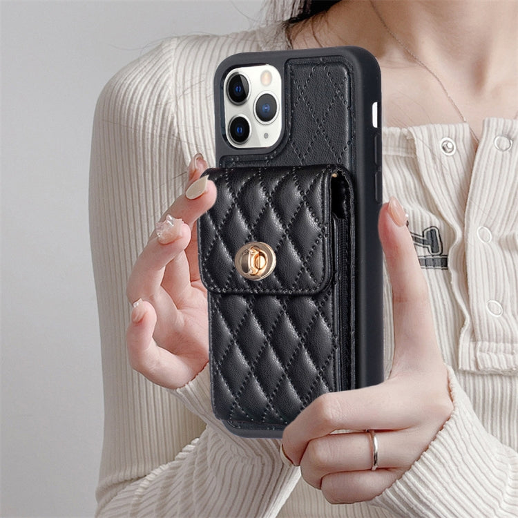For iPhone 11 Pro Max Vertical Metal Buckle Wallet Rhombic Leather Phone Case