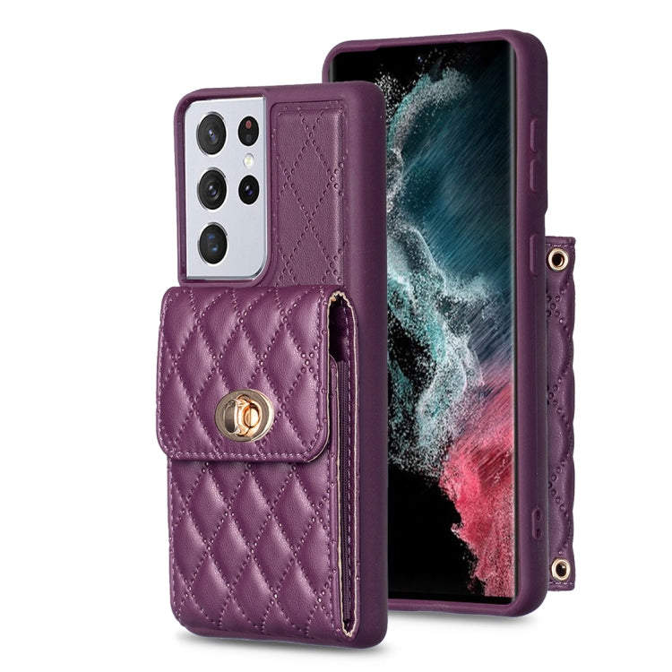 For Samsung Galaxy S21 Ultra 5G Vertical Metal Buckle Wallet Rhombic Leather Phone Case