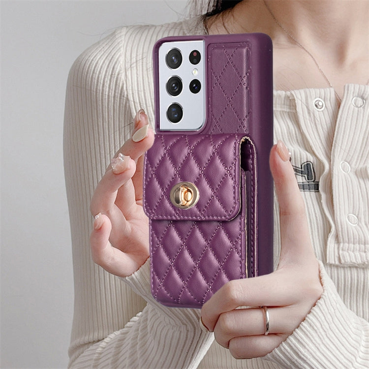 For Samsung Galaxy S21 Ultra 5G Vertical Metal Buckle Wallet Rhombic Leather Phone Case