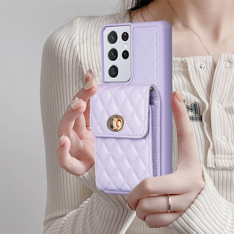 For Samsung Galaxy S21 Ultra 5G Vertical Metal Buckle Wallet Rhombic Leather Phone Case