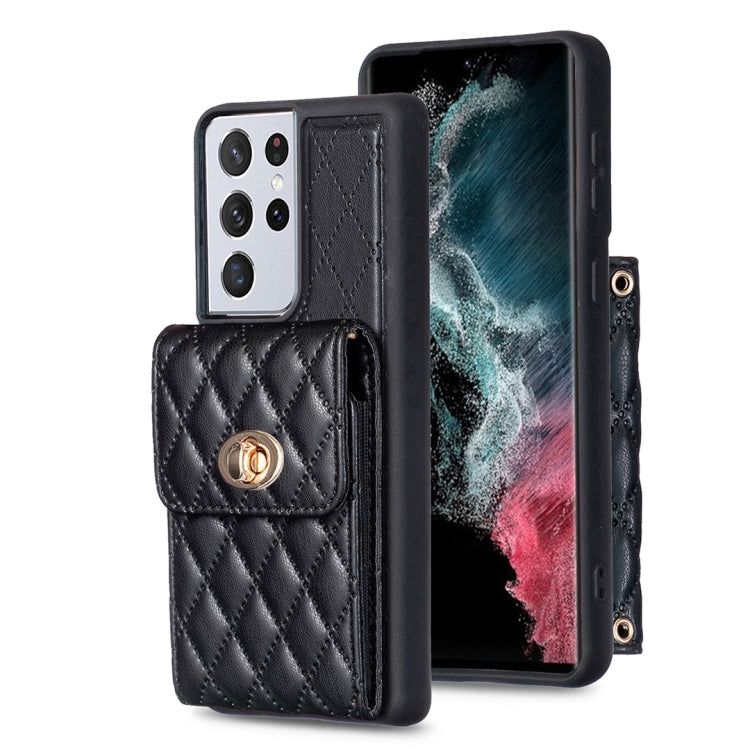 For Samsung Galaxy S21 Ultra 5G Vertical Metal Buckle Wallet Rhombic Leather Phone Case