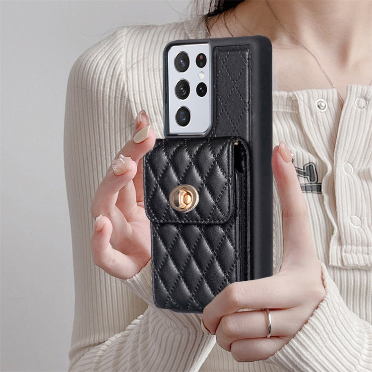 For Samsung Galaxy S21 Ultra 5G Vertical Metal Buckle Wallet Rhombic Leather Phone Case