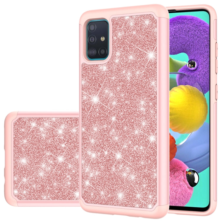 For Samsung Galaxy A51 Glitter Powder Contrast Skin Shockproof Silicone + PC Protective Case(Rose Gold)