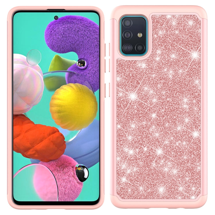 For Samsung Galaxy A51 Glitter Powder Contrast Skin Shockproof Silicone + PC Protective Case(Rose Gold)