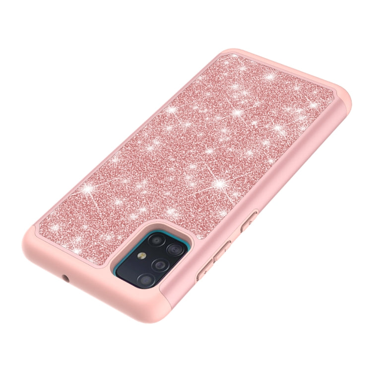For Samsung Galaxy A51 Glitter Powder Contrast Skin Shockproof Silicone + PC Protective Case(Rose Gold)