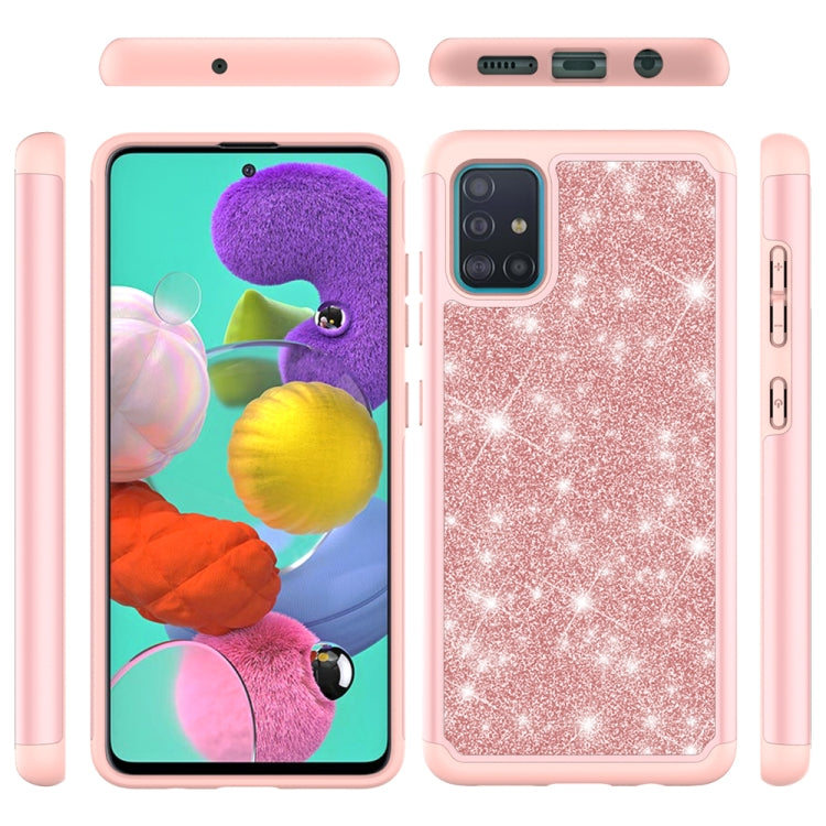 For Samsung Galaxy A51 Glitter Powder Contrast Skin Shockproof Silicone + PC Protective Case(Rose Gold)