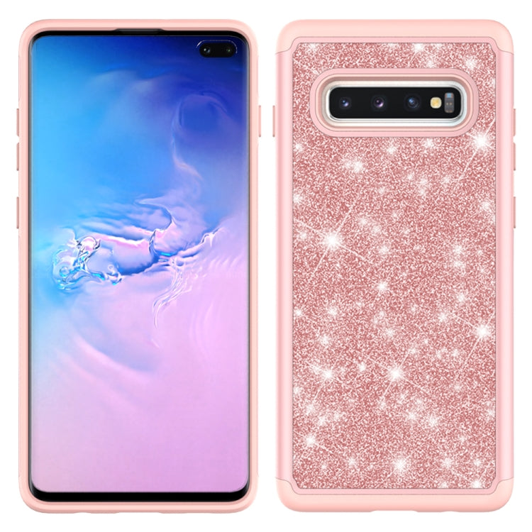 For Samsung Galaxy S10+ Glitter Powder Contrast Skin Shockproof Silicone + PC Protective Case(Rose Gold)