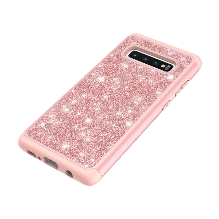 For Samsung Galaxy S10+ Glitter Powder Contrast Skin Shockproof Silicone + PC Protective Case(Rose Gold)