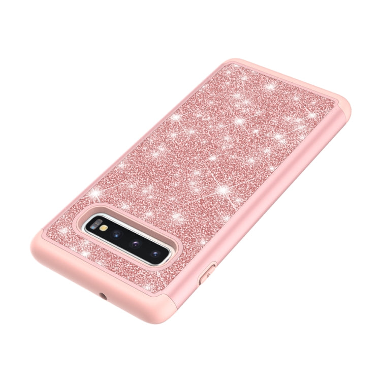 For Samsung Galaxy S10+ Glitter Powder Contrast Skin Shockproof Silicone + PC Protective Case(Rose Gold)