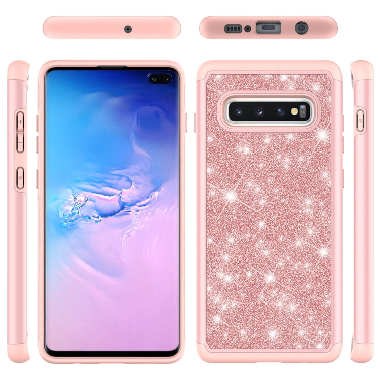 For Samsung Galaxy S10+ Glitter Powder Contrast Skin Shockproof Silicone + PC Protective Case(Rose Gold)