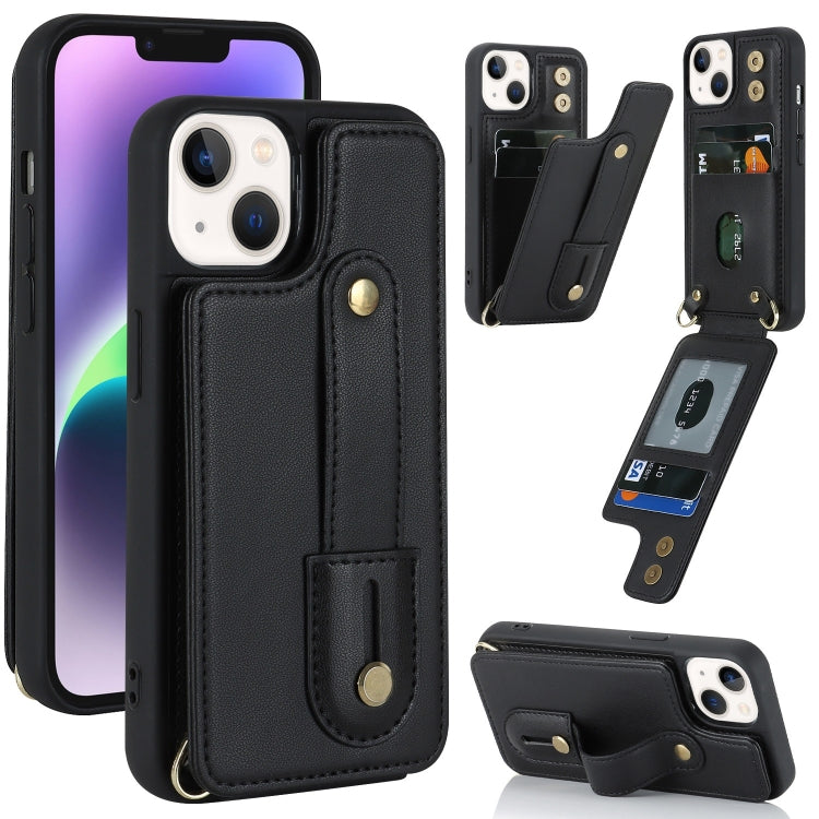 For iPhone 14 Wristband Vertical Flip Wallet Back Cover Phone Case