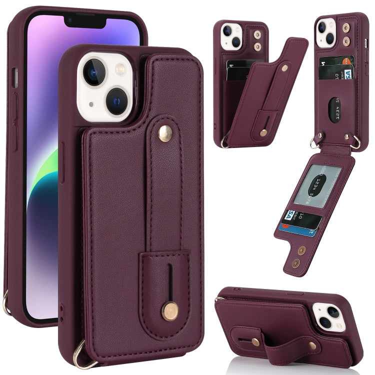 For iPhone 14 Wristband Vertical Flip Wallet Back Cover Phone Case