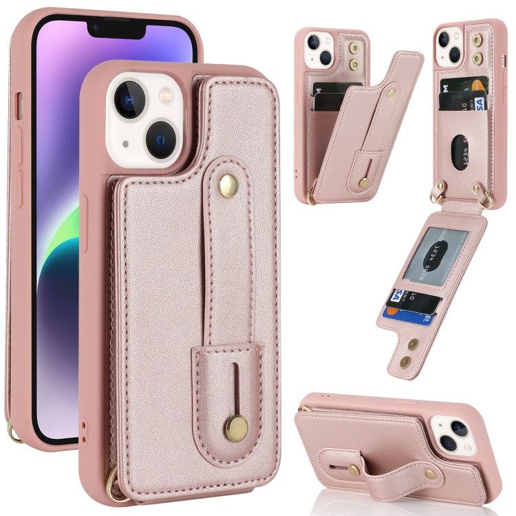 For iPhone 14 Wristband Vertical Flip Wallet Back Cover Phone Case