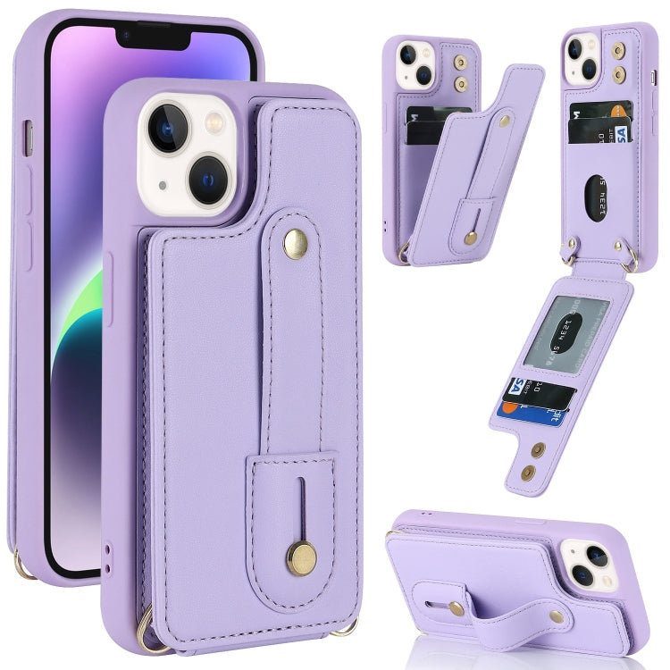 For iPhone 14 Wristband Vertical Flip Wallet Back Cover Phone Case