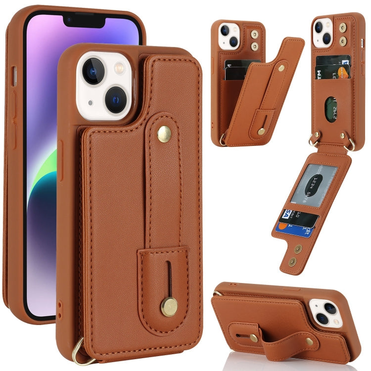 For iPhone 14 Wristband Vertical Flip Wallet Back Cover Phone Case