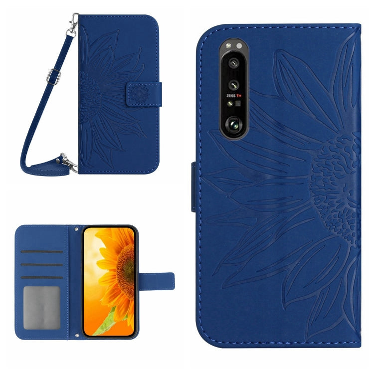 For Sony Xperia 1 V HT04 Skin Feel Sun Flower Embossed Flip Leather Phone Case with Lanyard