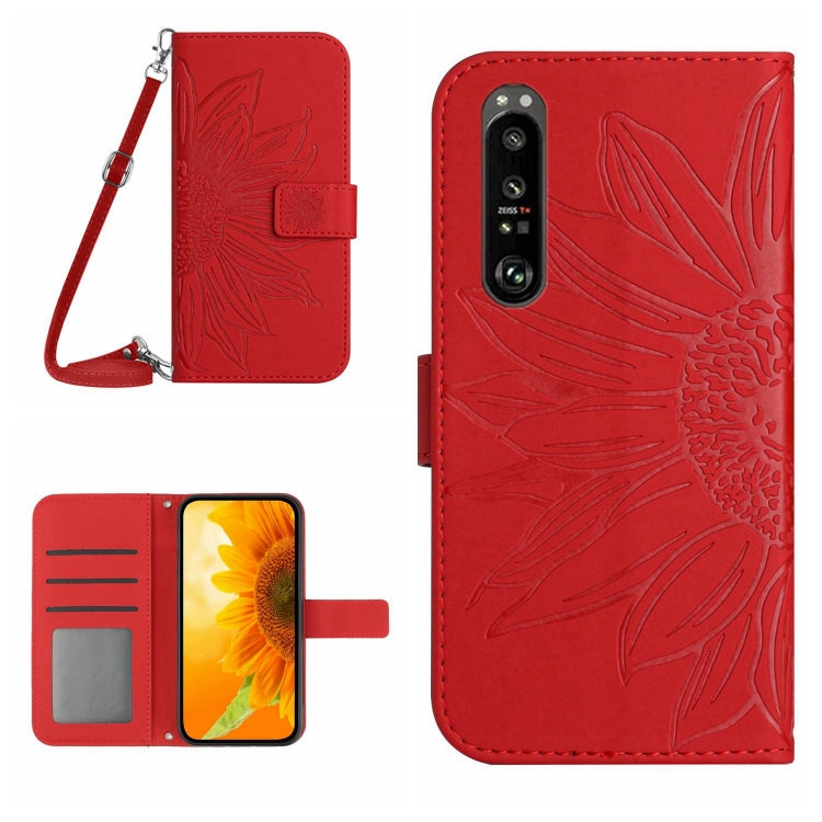 For Sony Xperia 1 V HT04 Skin Feel Sun Flower Embossed Flip Leather Phone Case with Lanyard