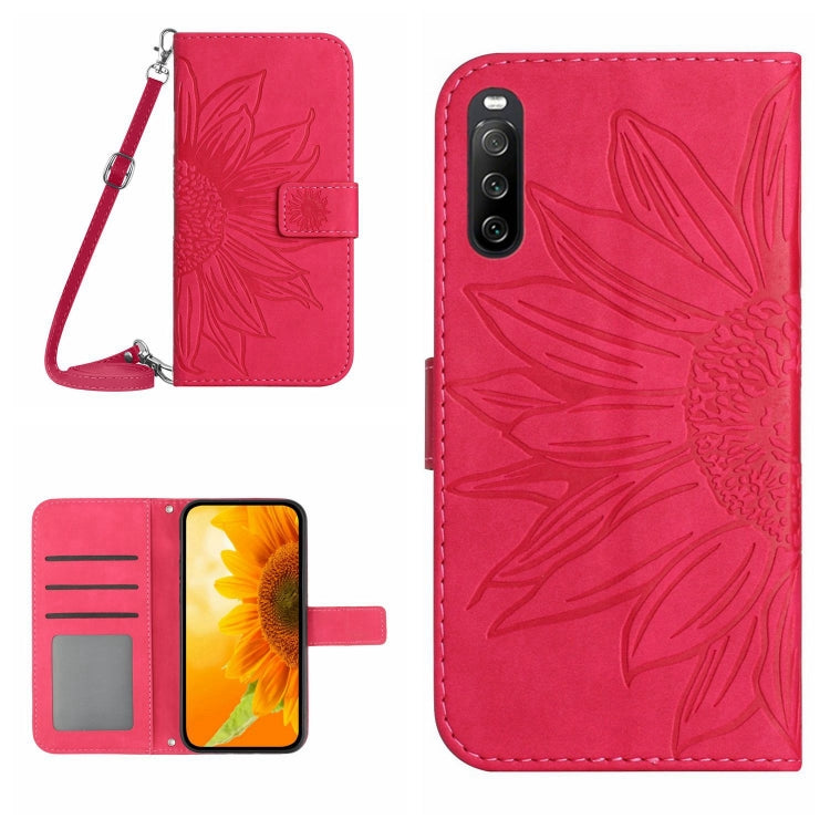 For Sony Xperia 10 V HT04 Skin Feel Sun Flower Embossed Flip Leather Phone Case with Lanyard